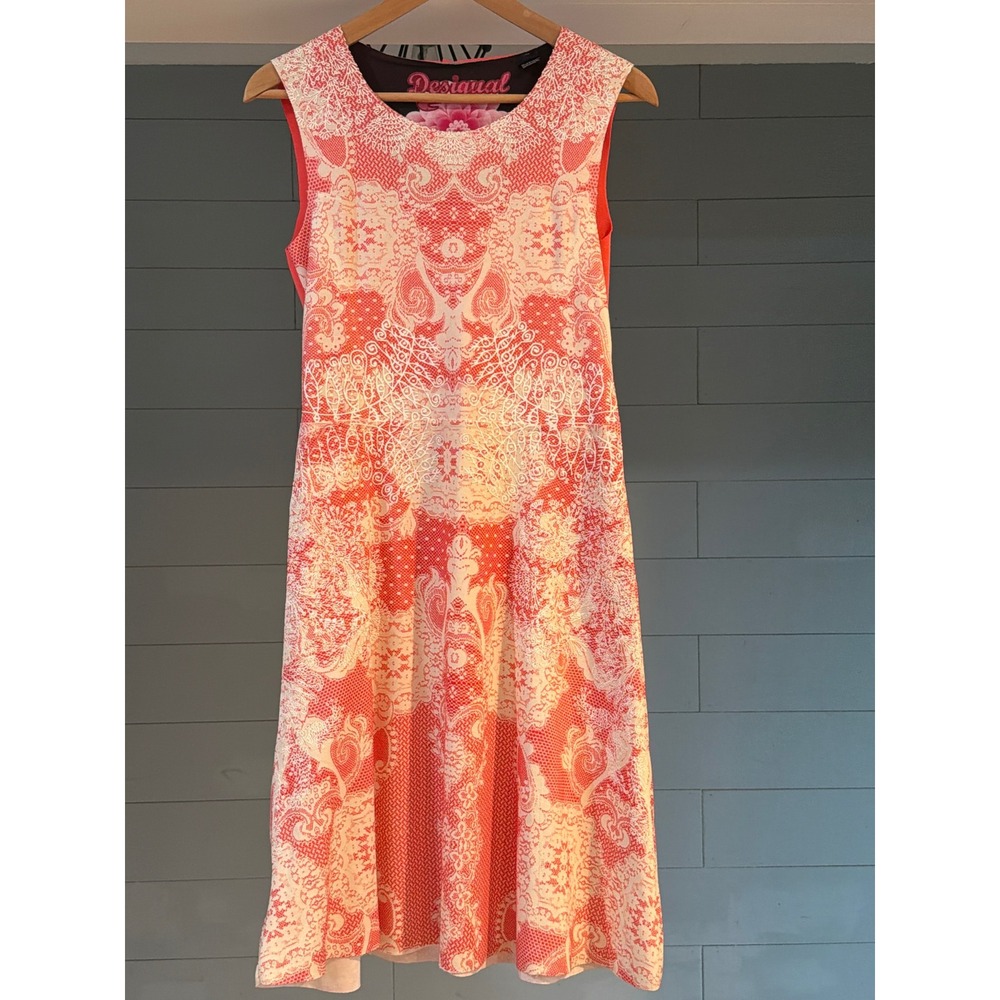 Desigual Coral Pink White Paisley Lace Print Sleeveless Knit Dress Medium